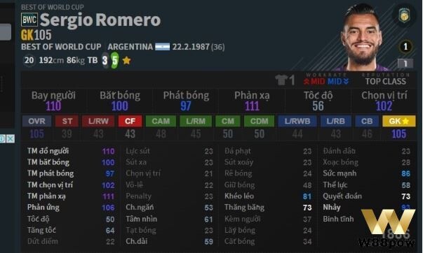 S. Romero - ứng cử viên cho vị trí GK trong đội hình Argentina FO4